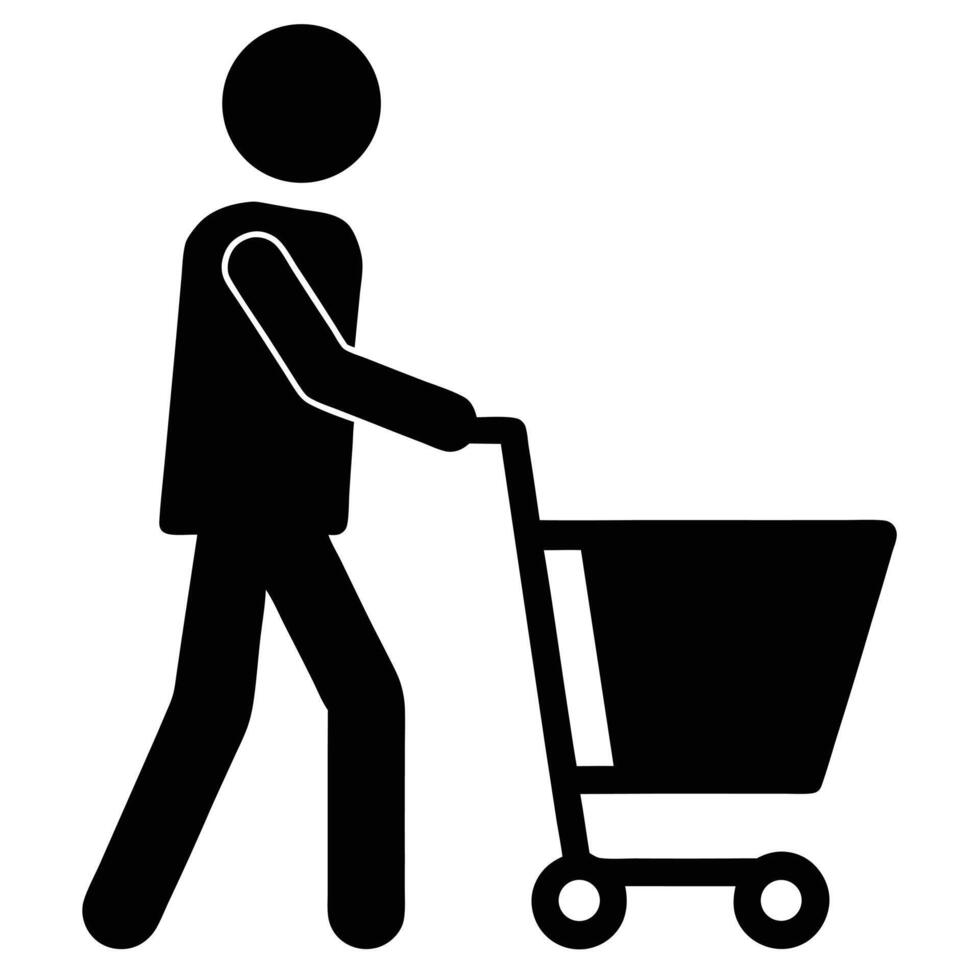 Black Silhouette Person Pushing Empty Shopping Cart Ready for Groceries or Retail Shopping vector