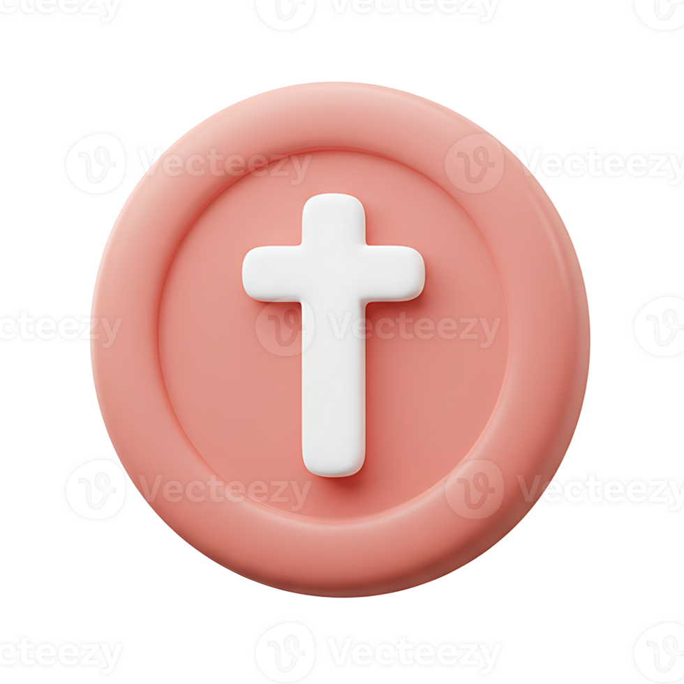 Christian cross icon modern 3d rendered symbol for faith and religion with a soft pink background. png
