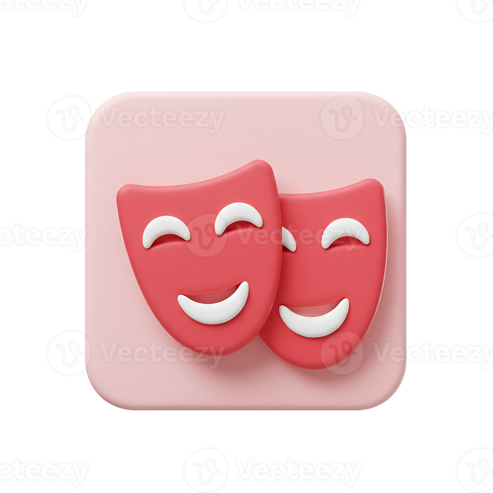 Playful illustration of two red smiling theater masks representing comedy and joy on a pink background. png