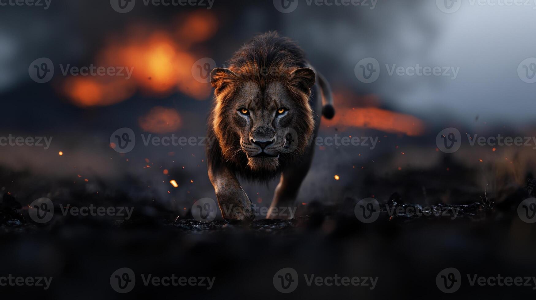 A lion walking in front of a fire photo