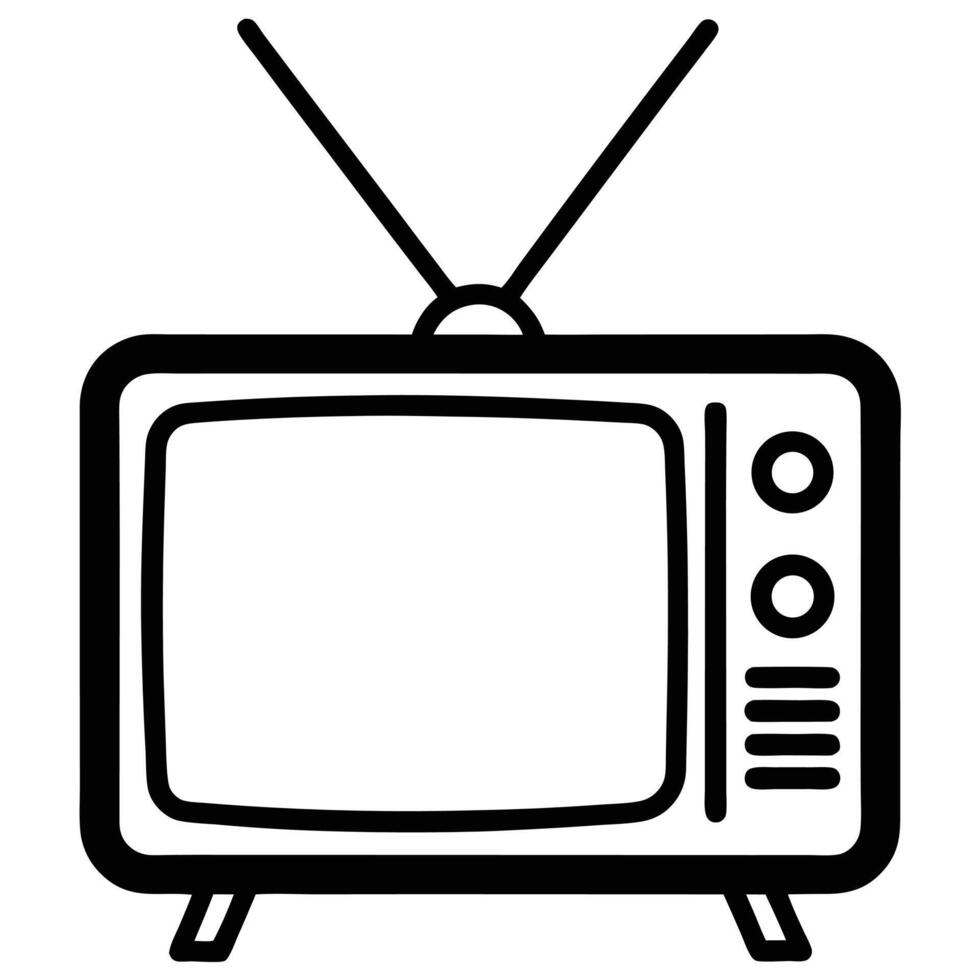 Black and White Television Outline Icon with Antenna, Buttons, and Feet Design vector
