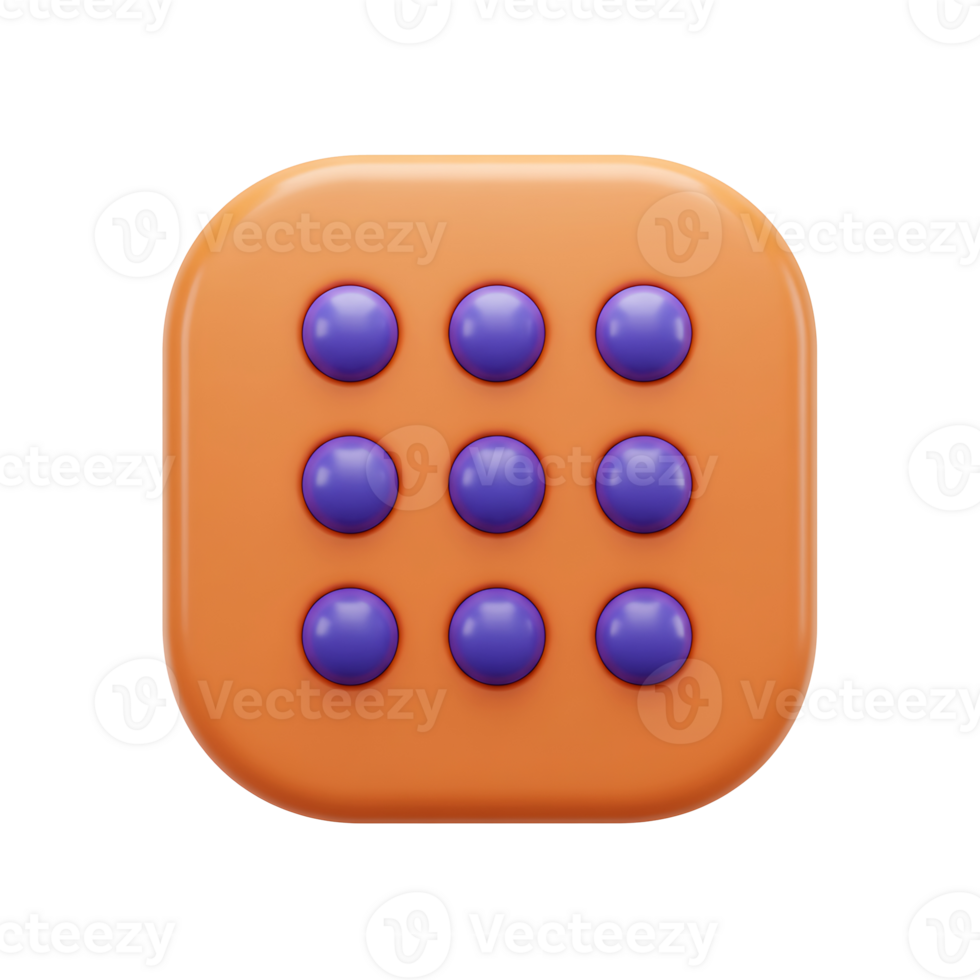 3d rendered icon depicting a rounded square with nine purple buttons in a modern style png