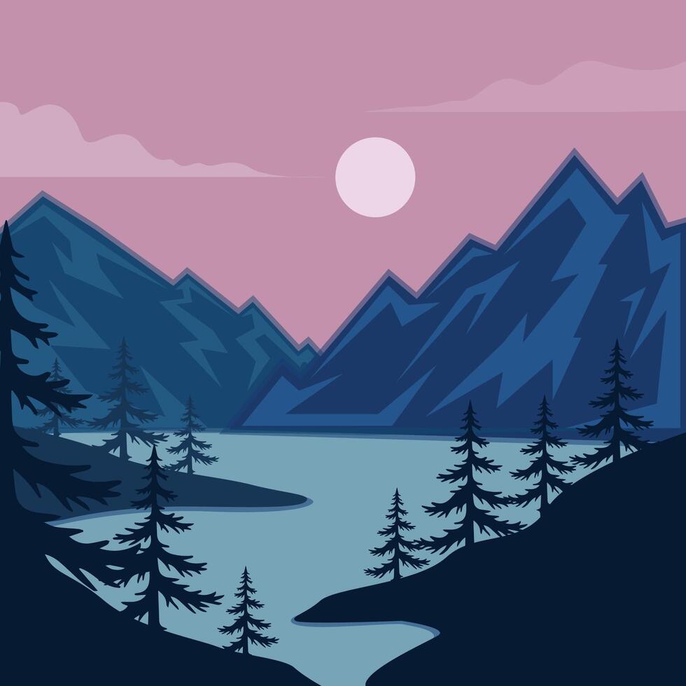 mountain and lake landscaped illustration template graphic design . forest river and nature view sign or symbol for adventure and wanderlust travel business vector