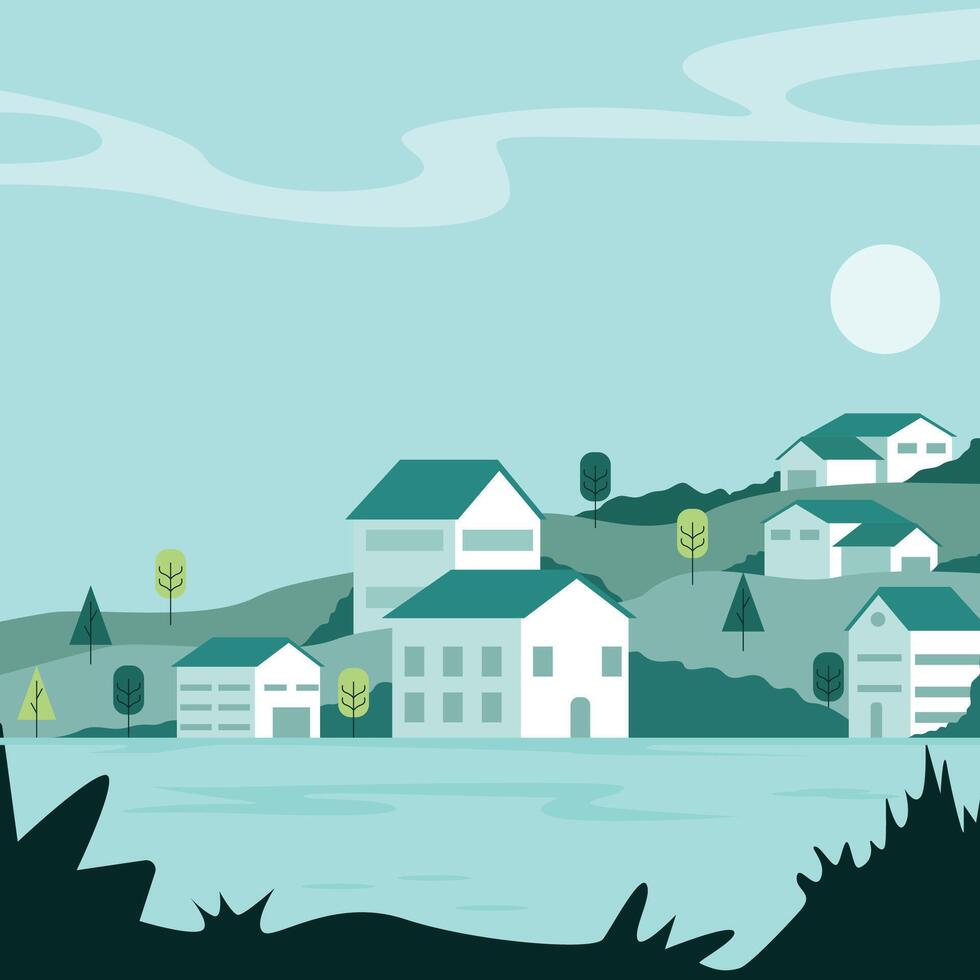 village house simple landscaped illustration graphic design . city building view geometric with hill bush and trees for business vector