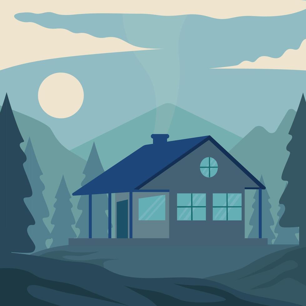 cabin or cottage at nature forest landscaped illustration graphic design . minimalist guest house at night view with trees and mountain idea concept for business travel vector