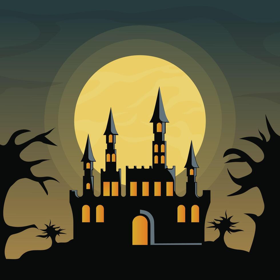halloween castle horror landscaped illustration graphic design . old building at night with full moon view for festival idea concept vector