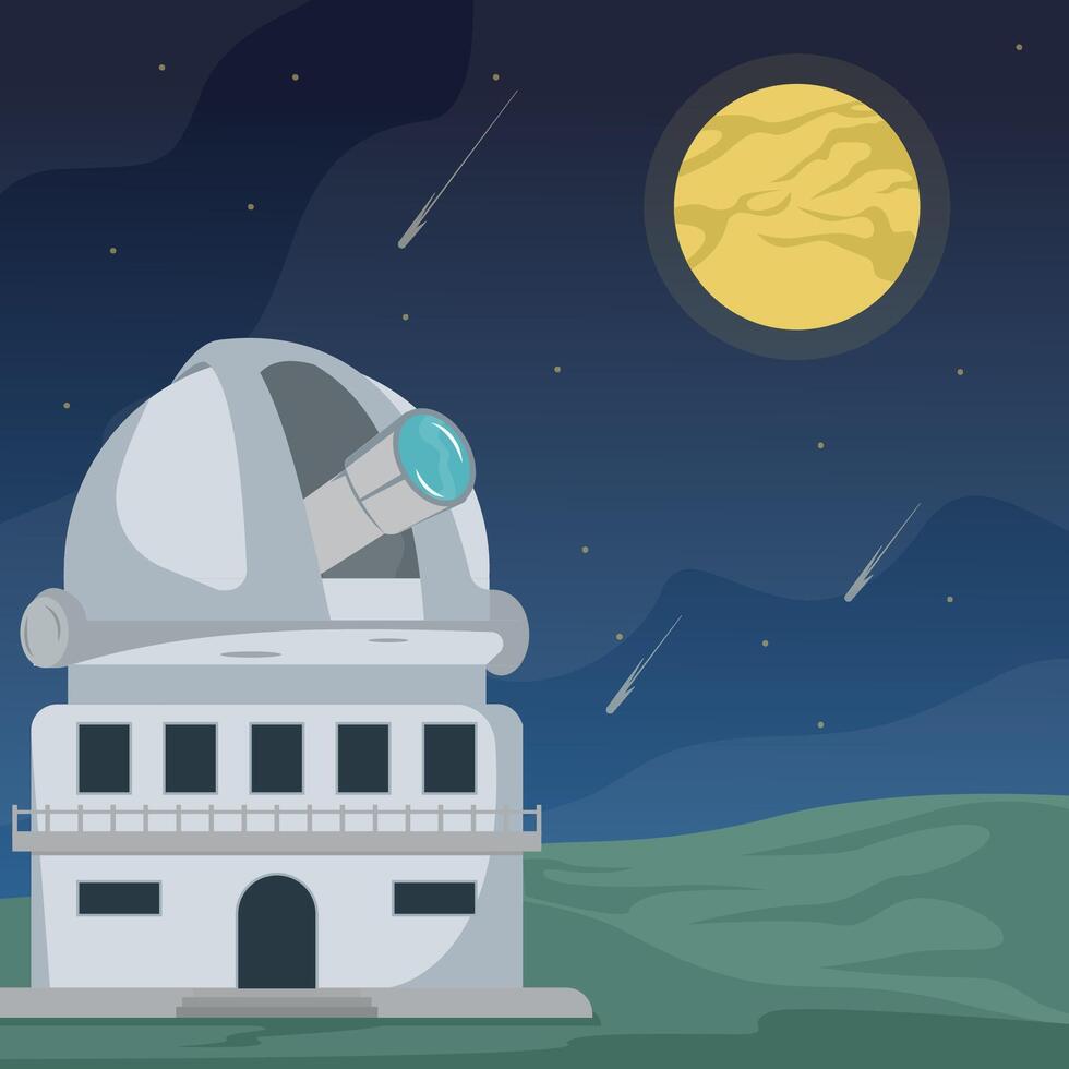 Space observatory landscaped illustration graphic design , astronomical building in nature view with full moon and meteor concept for science idea knowledge vector