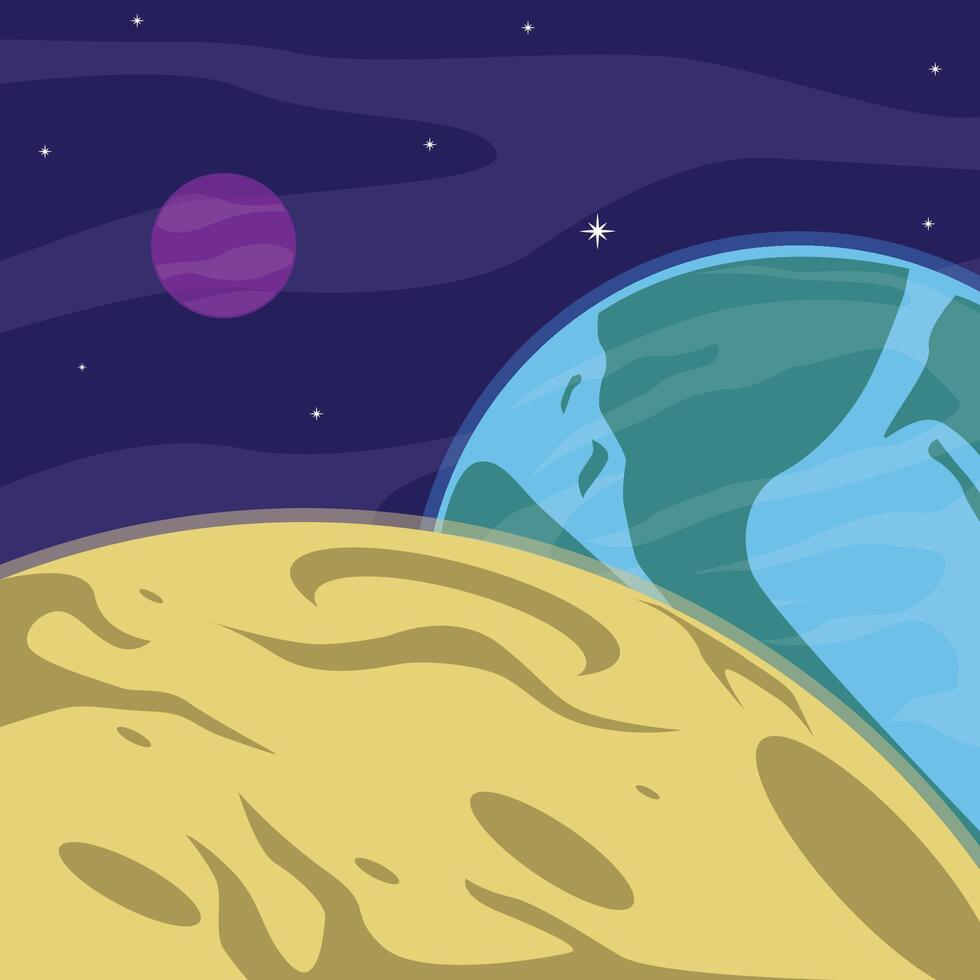 moon and earth view landscape illustration template graphic design . outer space with other planet scenery for astronomy knowledge banner concept vector