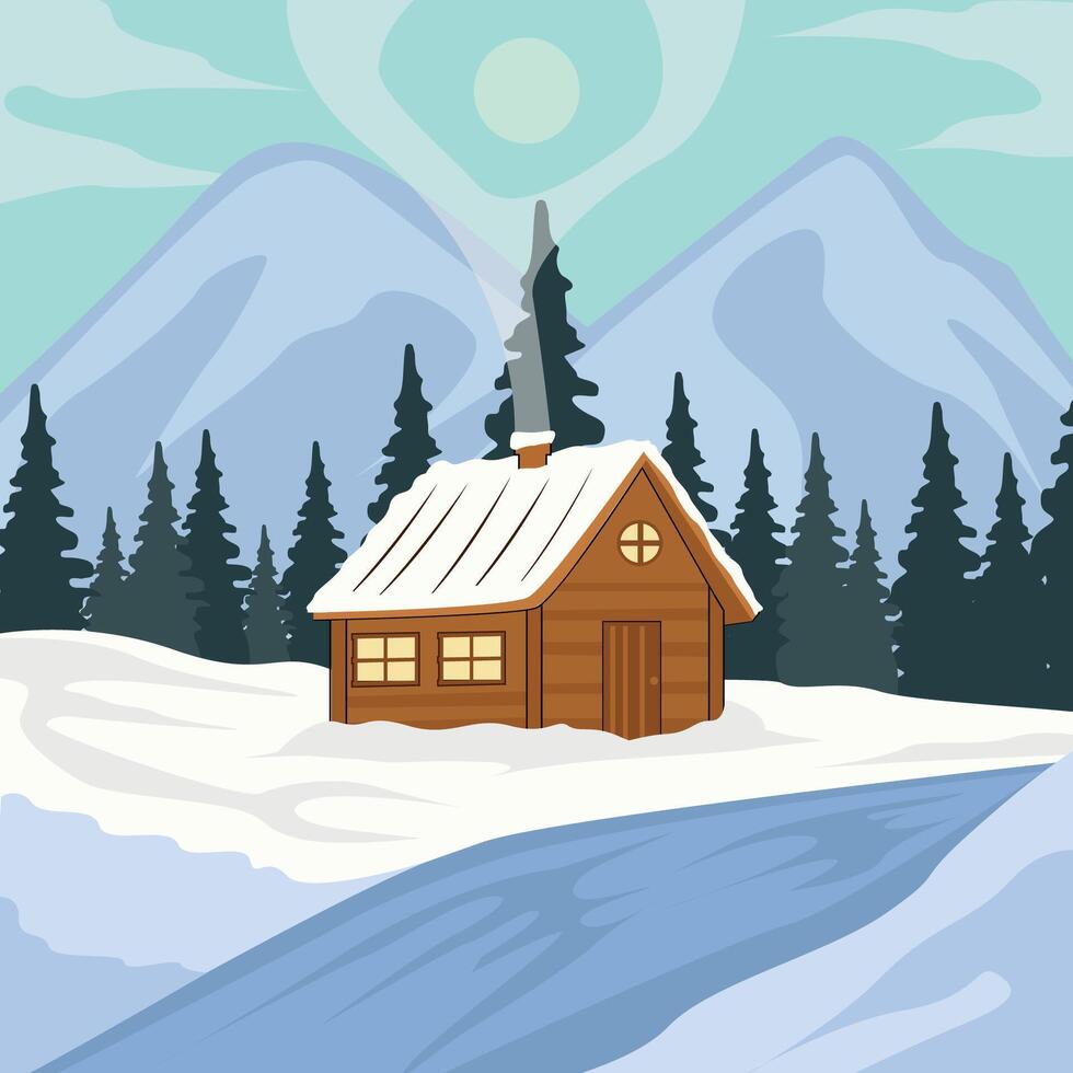 cabin at snow forest landscaped illustration graphic design . cottage or guesthouse nature view minimalist for business travel concept idea vector