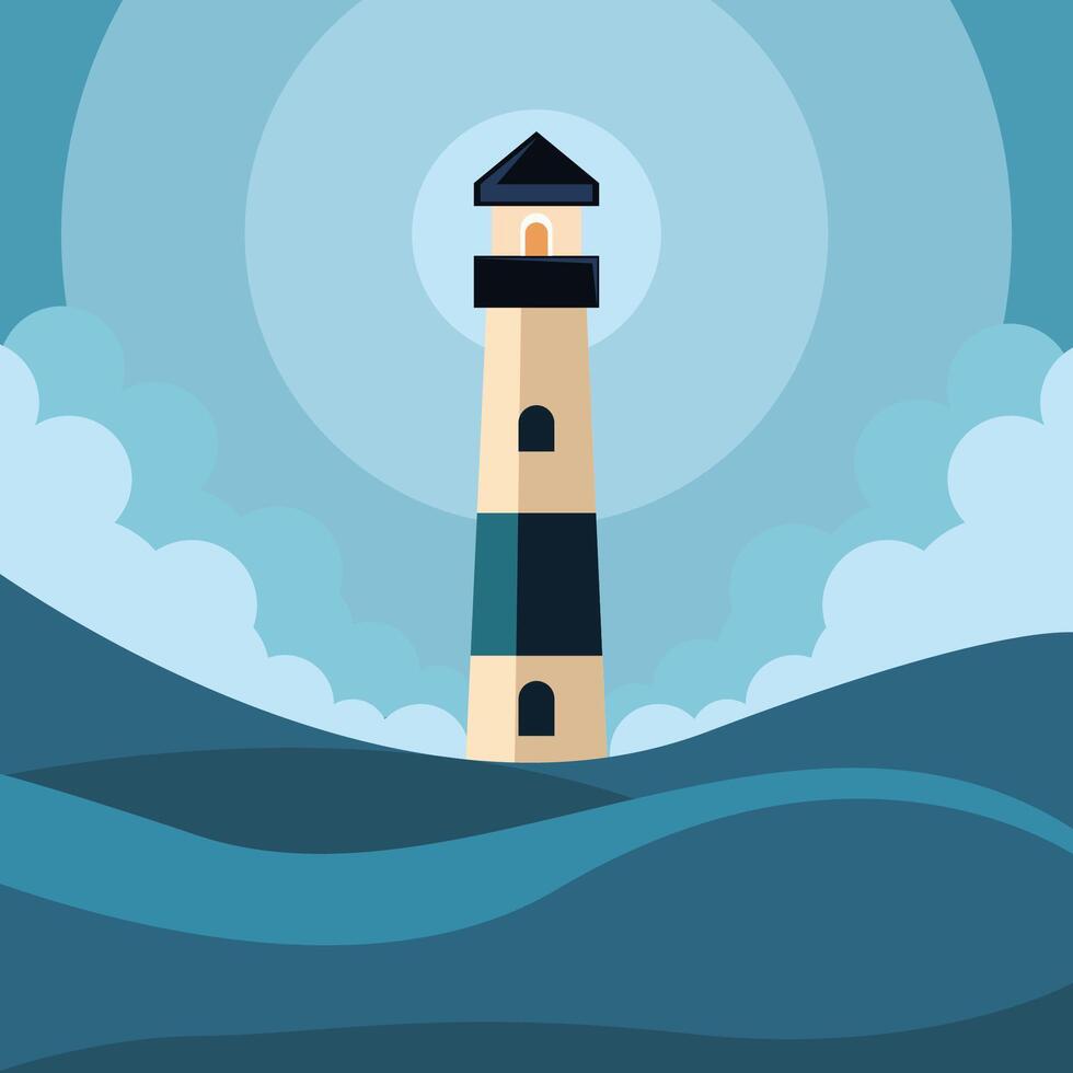 lighthouse at ocean landscaped illustration template graphic design . building at sea and nature night view sign or symbol for adventure and wanderlust travel business vector