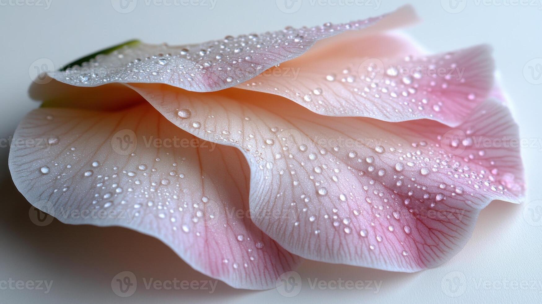 Petals of a pink flower rest gracefully on a white surface, adorned with glistening dew drops from the early morning. Soft light enhances the flower's delicate beauty photo