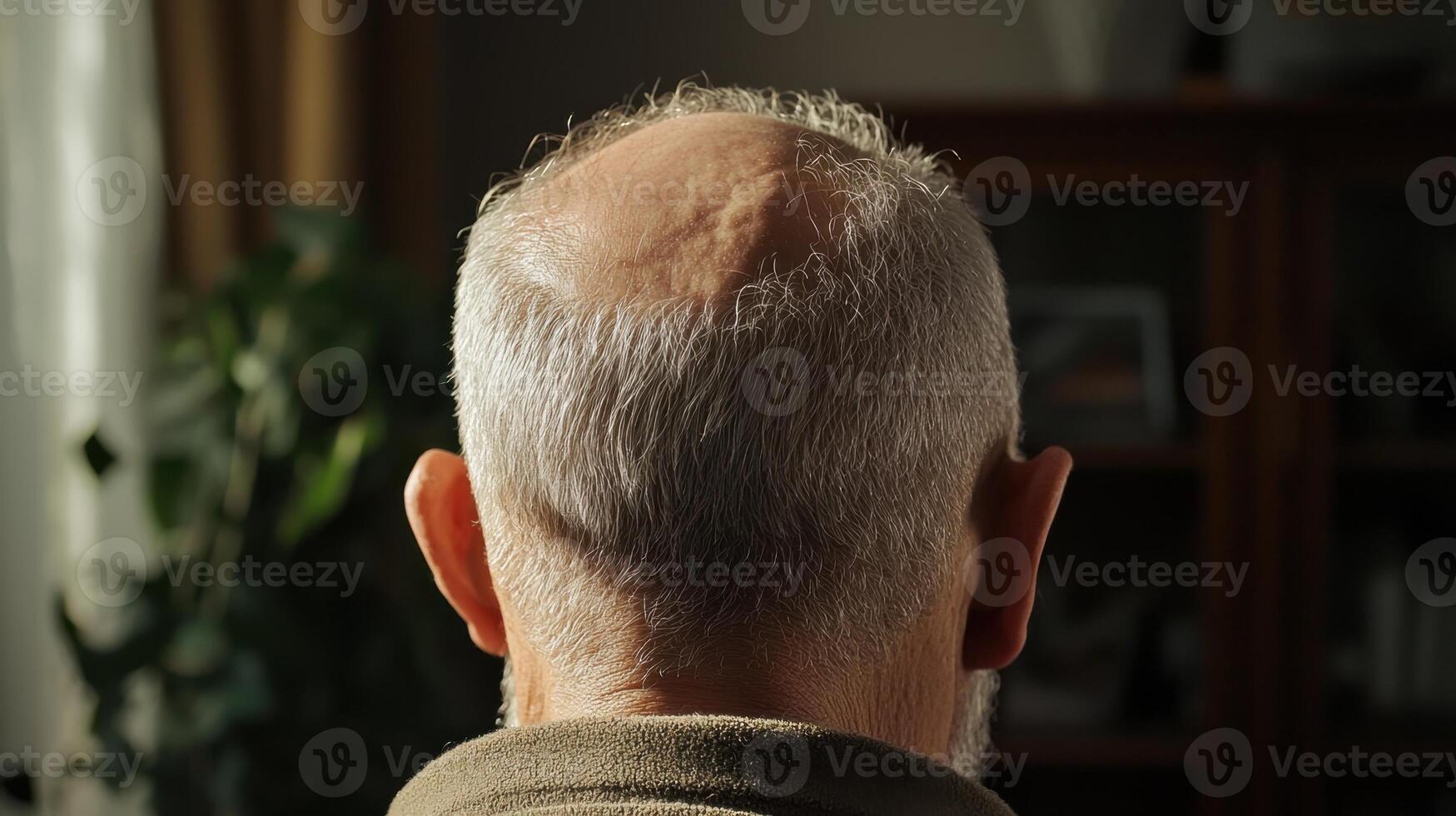 A man with a bald head is sitting in a room photo