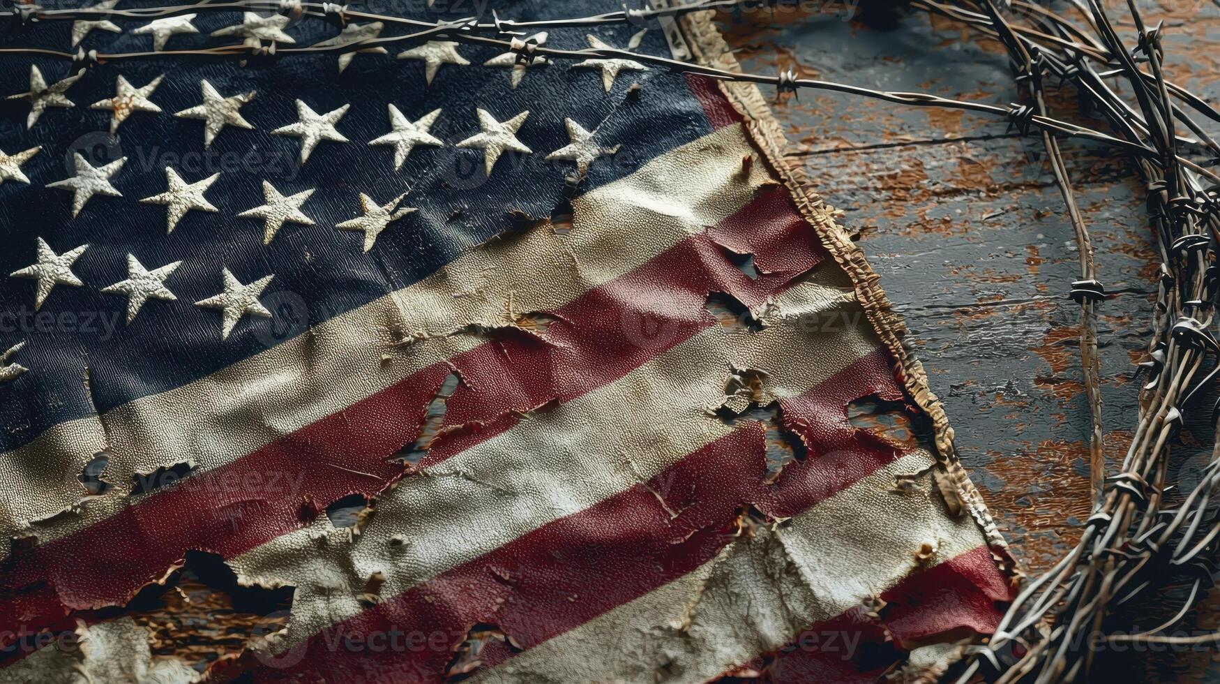 A torn and tattered American flag is surrounded by barbed wire photo