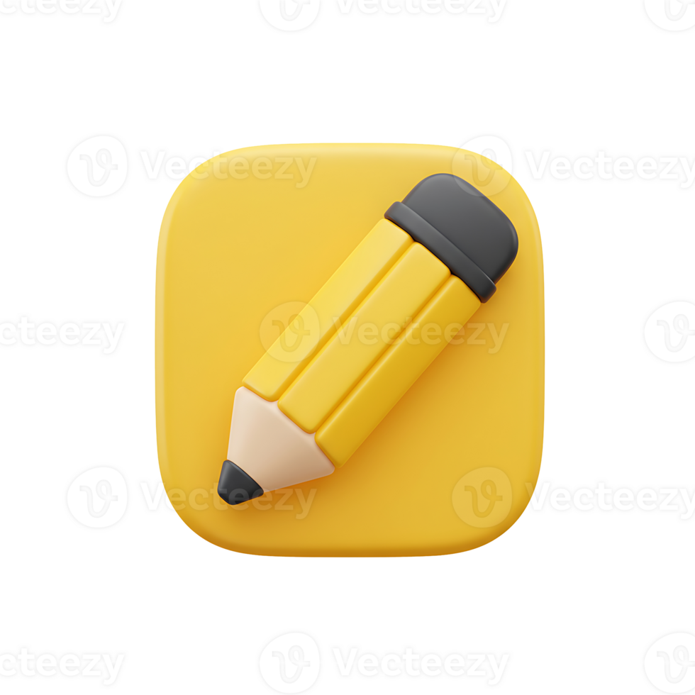 3d rendered illustration of a yellow pencil icon in a rounded square shape perfect for app or website design. png