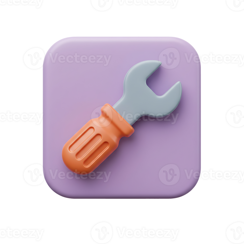 A 3d rendered illustration of a wrench tool icon set against a purple rounded square background, modern minimalist design. png
