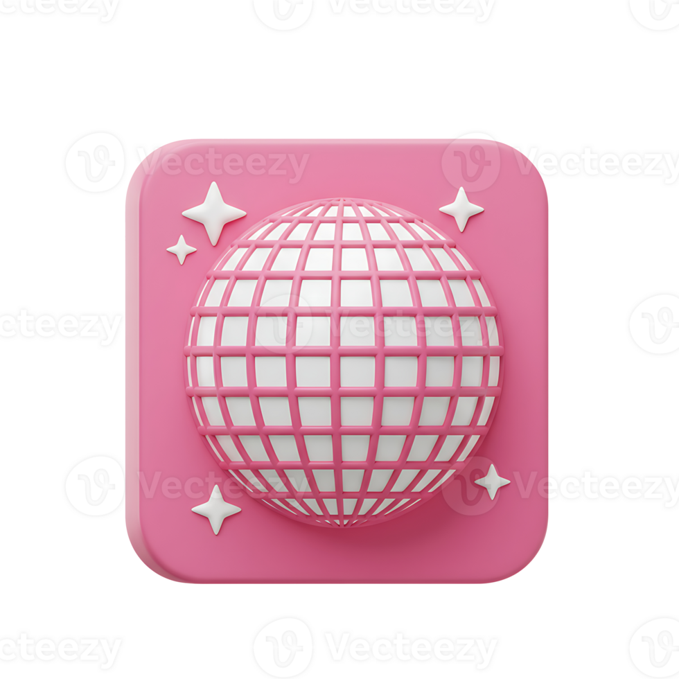 A 3d rendering of a pink disco ball design on a square background with star accents and a bright aesthetic png