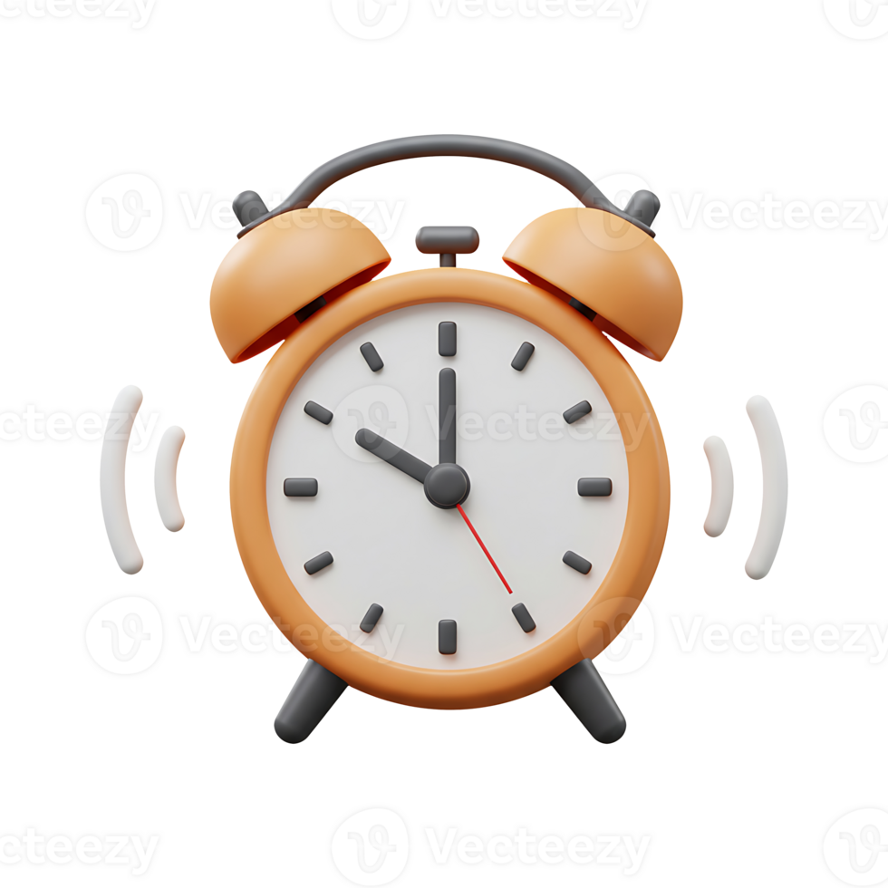 A 3d rendered cartoon style orange alarm clock ringing to wake up and symbolize morning time or starting a new day. png