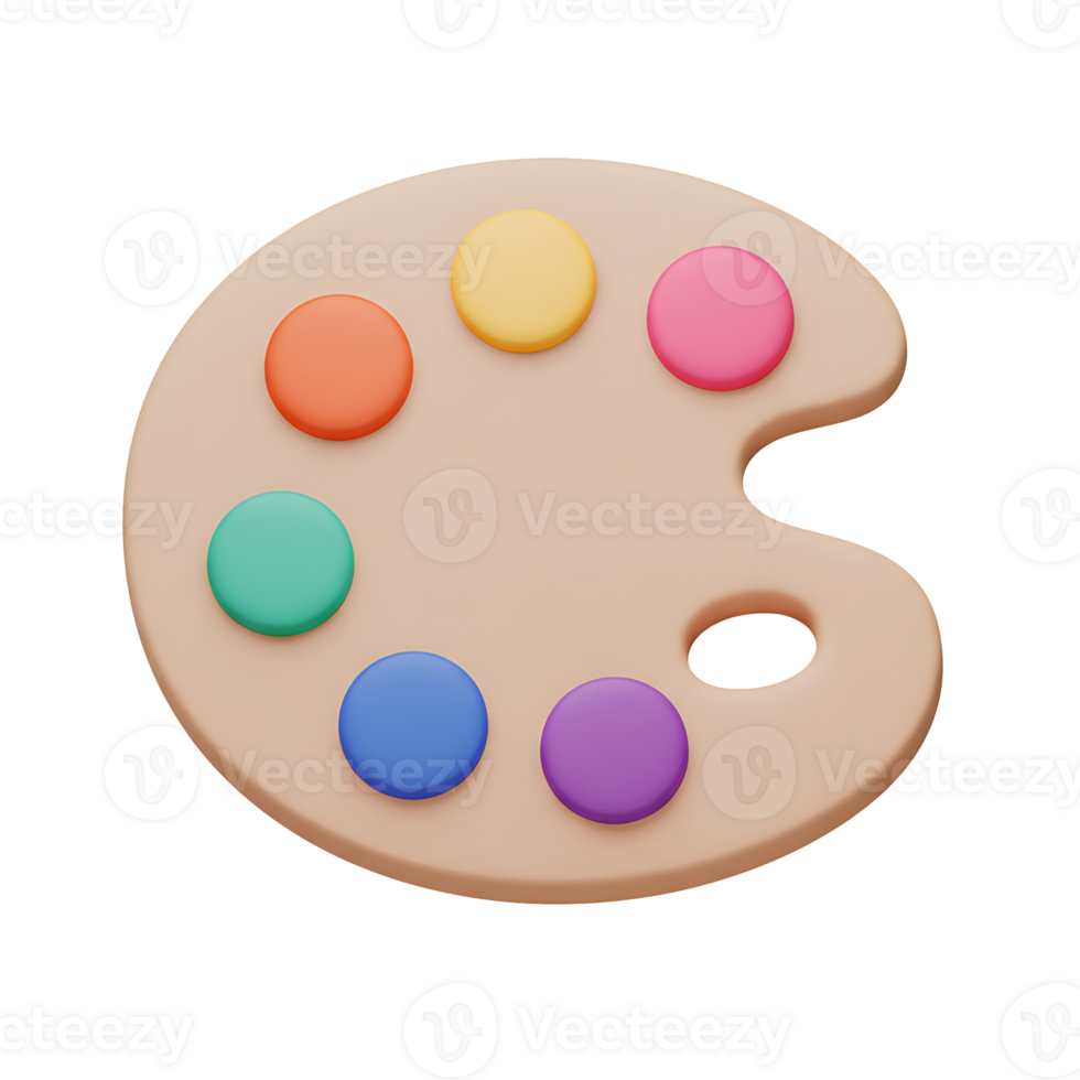 A 3d rendered artist's palette containing several vibrant colorful paint circles ideal for graphic design projects and creative artwork concepts png