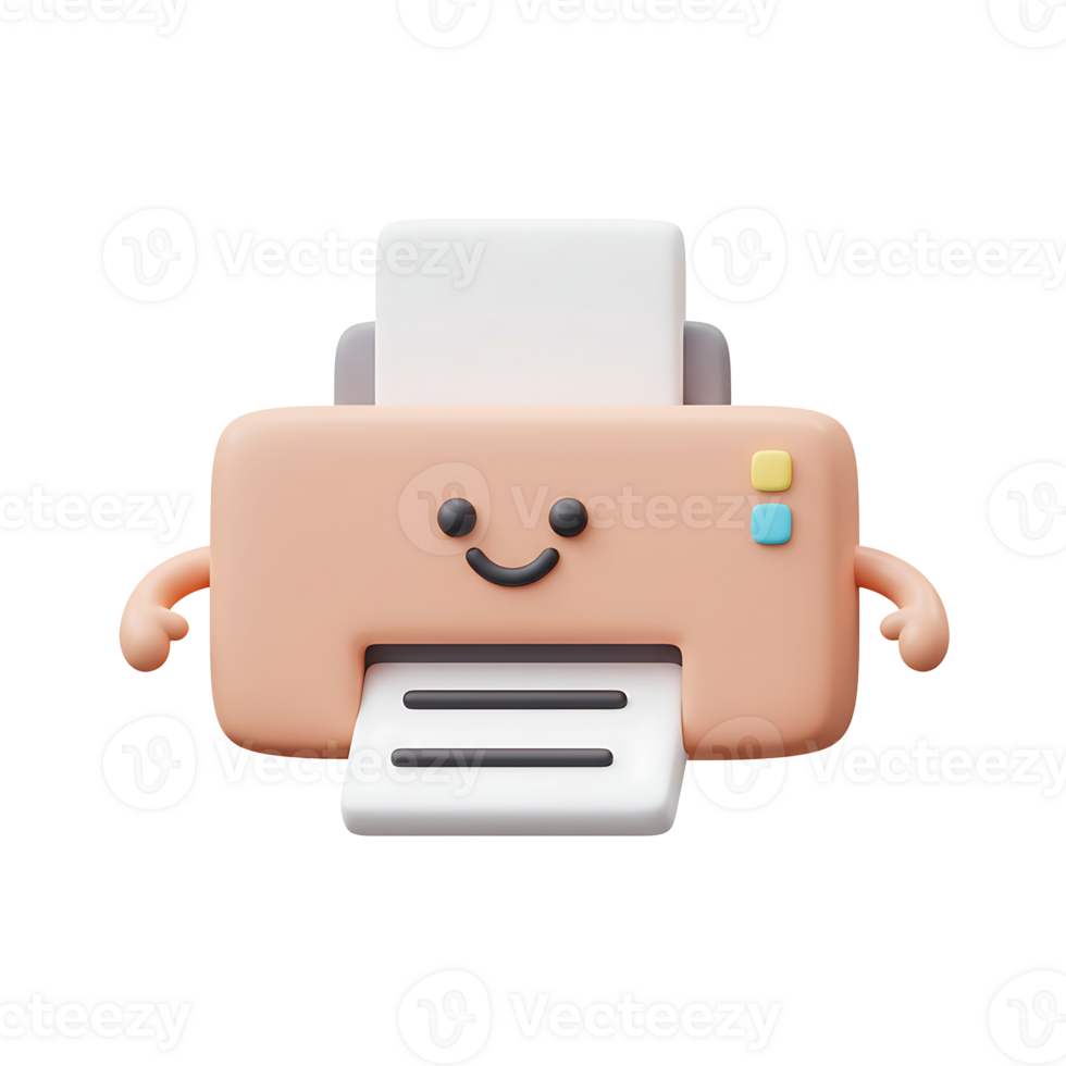 Adorable smiling printer cartoon illustration depicting printing and paper output with cute character design png