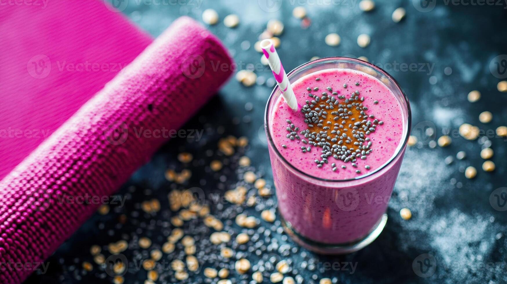 A vibrant berry smoothie topped with chia seeds is placed next to a yoga mat. This healthy drink is perfect for recovery after an energetic workout session photo