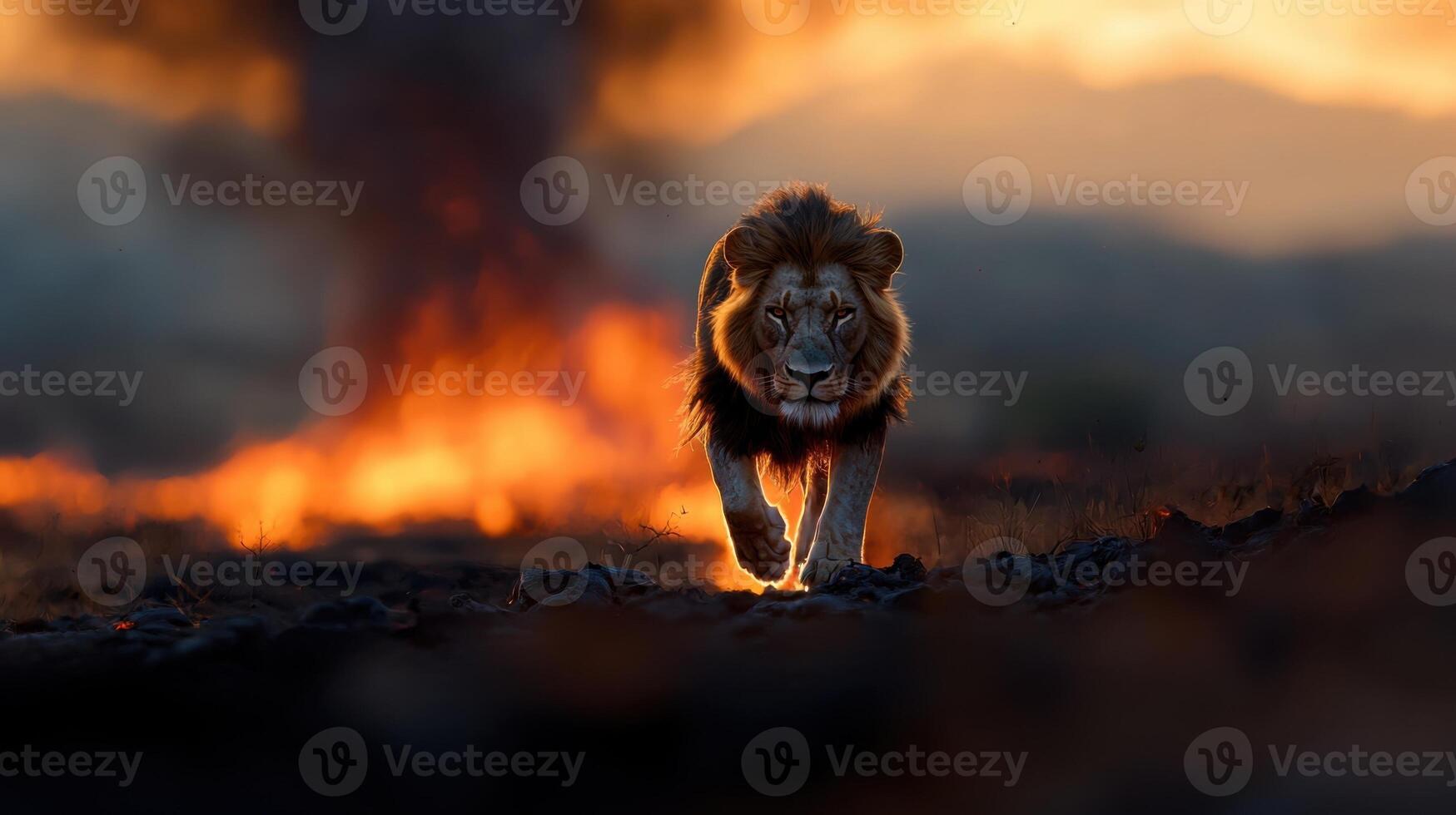 A lion walking through a field with a fire in the background photo