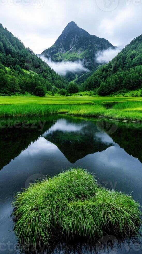 A green field with grass and water in front of a mountain photo