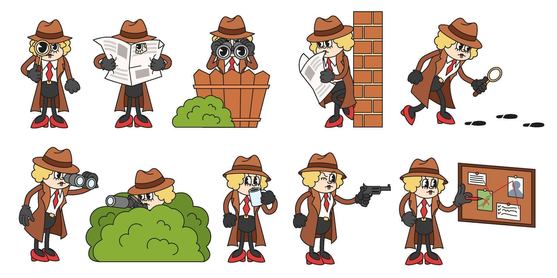 Cartoon detective woman. Spy female with gun, camera and binocular. Comic secret agent in coat spying, tracking suspects, at evidence board. Crime investigation set vector