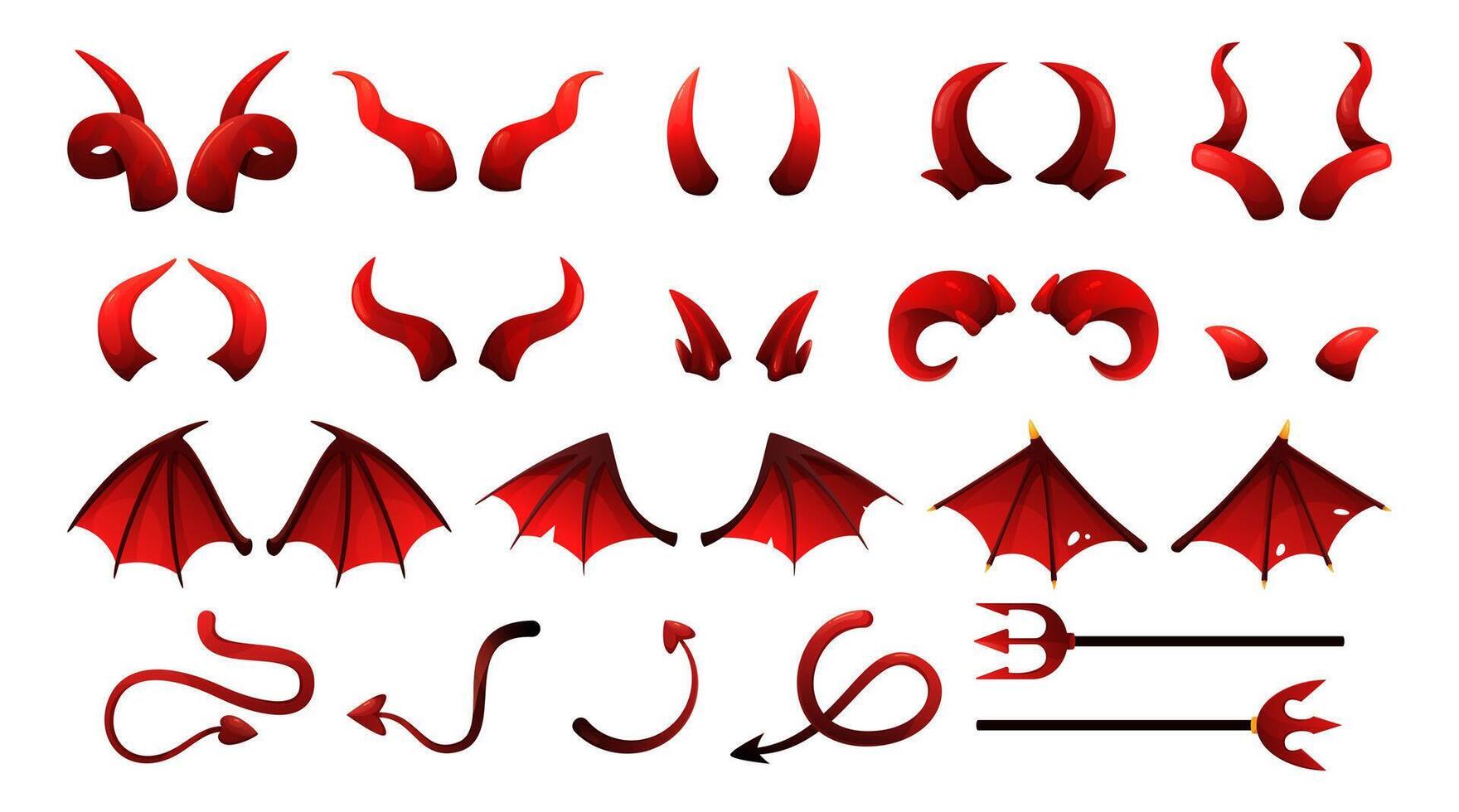 Halloween devil monster costume elements .Red demon horns, spooky bat wings and imp tails, trident of satan or Lucifer pitchfork. Evil fantasy character attributes cartoon isolated illustration vector