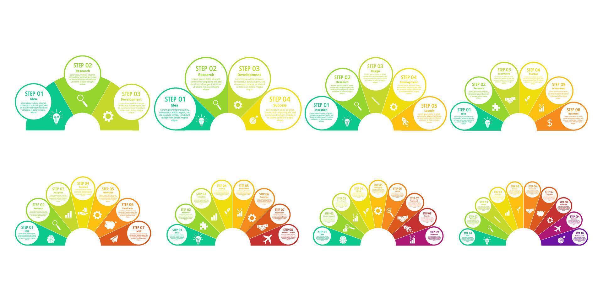 Fan infographic templates. Semicircle diagram, peacock tail chart. Color half-circle fan infographics with multi-step business startup process, teamwork workflow. set vector