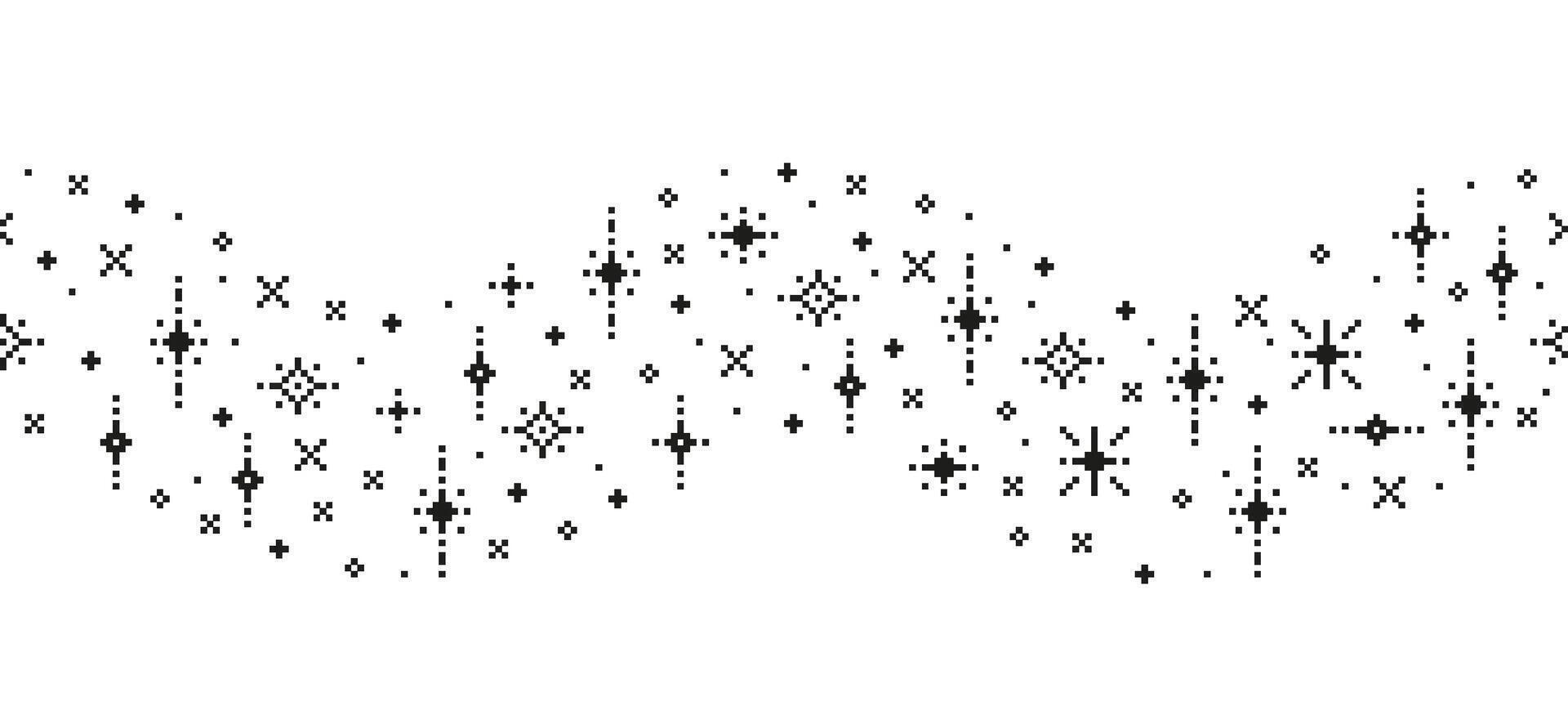 Pixel star sparkle wavy seamless border. Pixel art sparkles and glitter frame with 8 bit pixelated stars, magic twinkle in curved flowing pattern. star dust vector