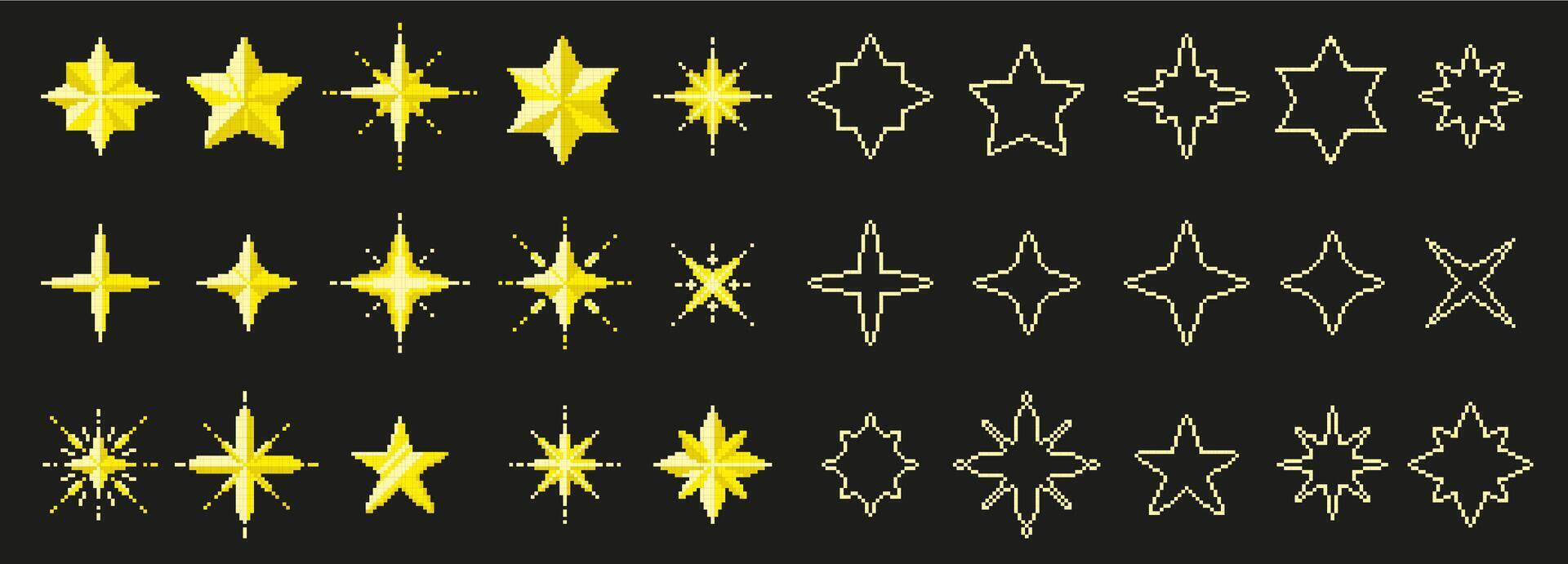 Pixel art stars. 8 bit sparkles, yellow golden shine star, space twinkle pixel game magic elements. Rating, ranking and level symbols. Spark effect pixelated UI icons vector