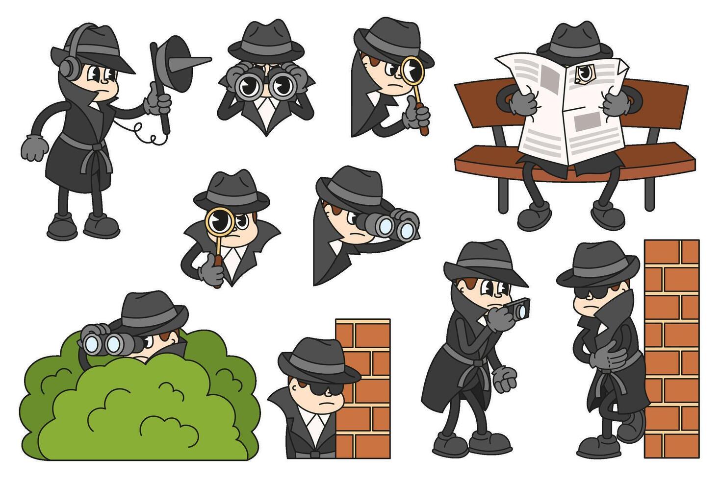 Detective. Cartoon spy character investigating crime, police agent wearing cloak and sunglasses. Private detective, investigator spying, hiding and observing. mascot vector