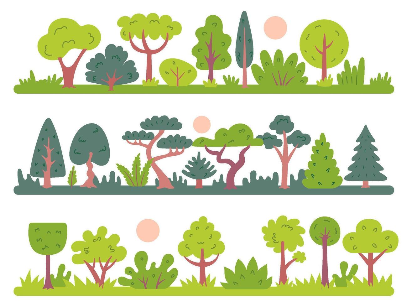 Forest landscape. Green trees, bushes and pine-trees, abstract cartoon summer woodland, plants in wood. Eco and wildlife scenes. Nature outdoor forest borders vector
