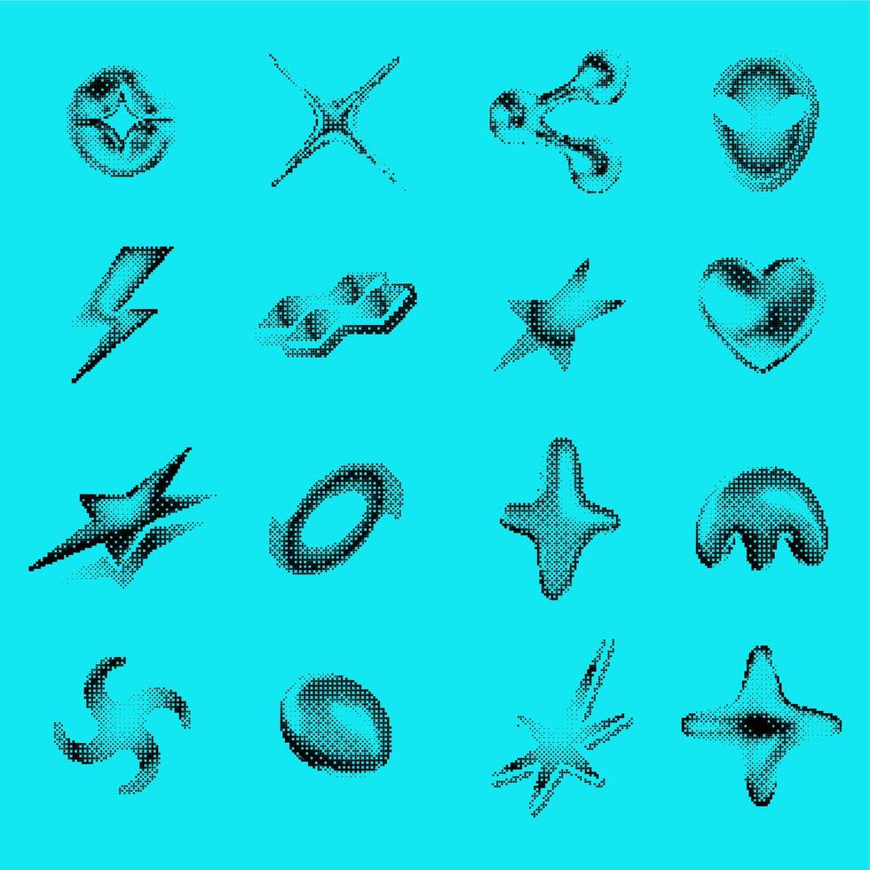 Pixel art Y2K stars. Bitmap star with dithering effect, abstract sci-fi icons halftone texture. Stars, alien and lightning, heart and molecule. Retro pixelated set vector