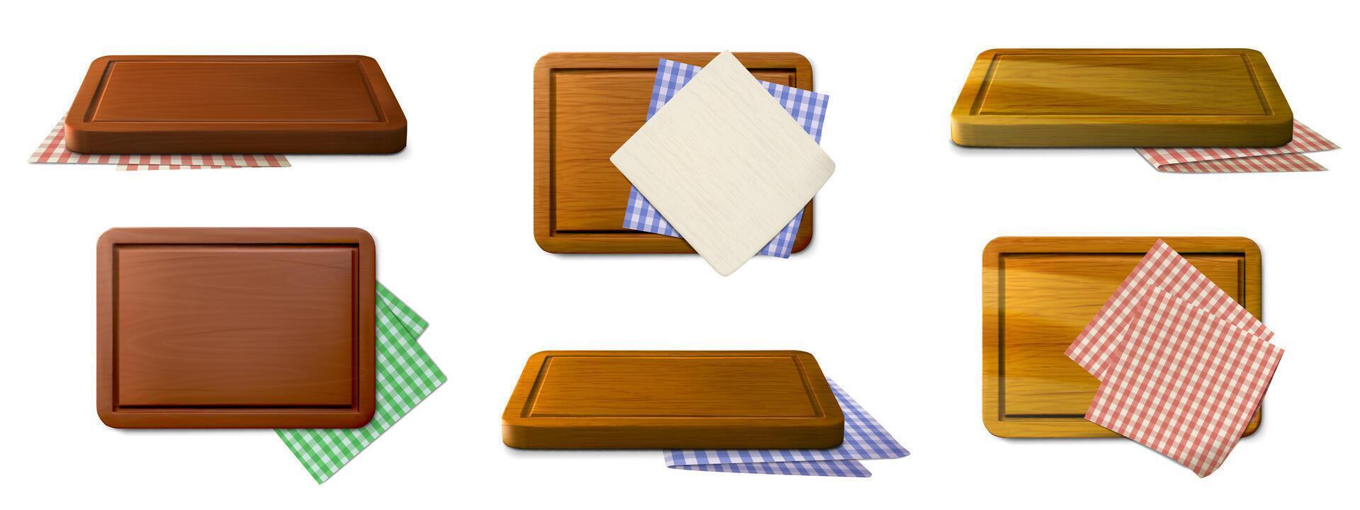 Realistic pizza board with napkins. Wooden rectangular cutting and chopping boards and plaid tablecloth. 3d wood tray and table cloth with gingham pattern. set vector