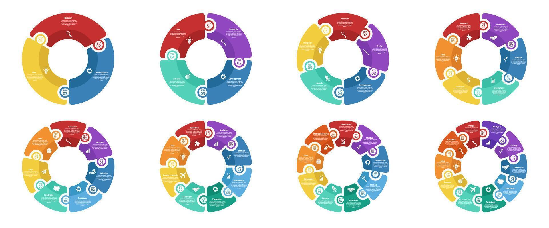 Circle diagram infographic templates. Round chart with business icons, 3 -10 step options or processes, step-by-step startup, project workflow. Circular infographics vector