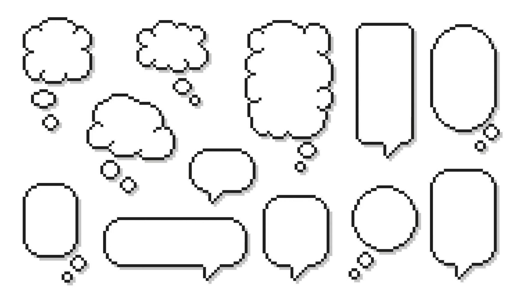 Pixel art cloud speech bubble. Cloud shaped comic text box, pixelated 8 bit texting dialogue, thought bubble, retro game quote and chat boxes with shadow. isolated set vector