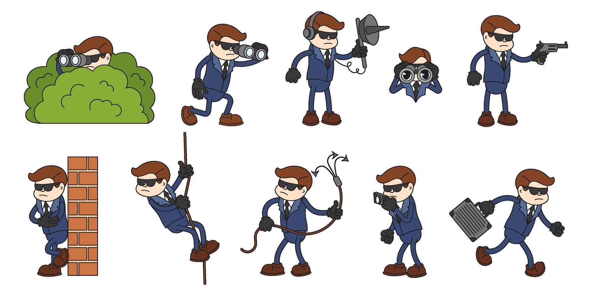 Cartoon secret agent character. Spy with gun, camera and case. Comic secret agent wearing suit spying, escaping and climbing, eavesdropping. Secret missions scenes vector