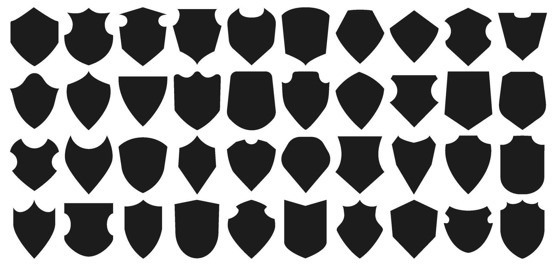 Shield icons. Security shields black icons. Medieval knight emblem shapes, vintage badges. silhouette protection retro logo, heraldic crest isolated set vector