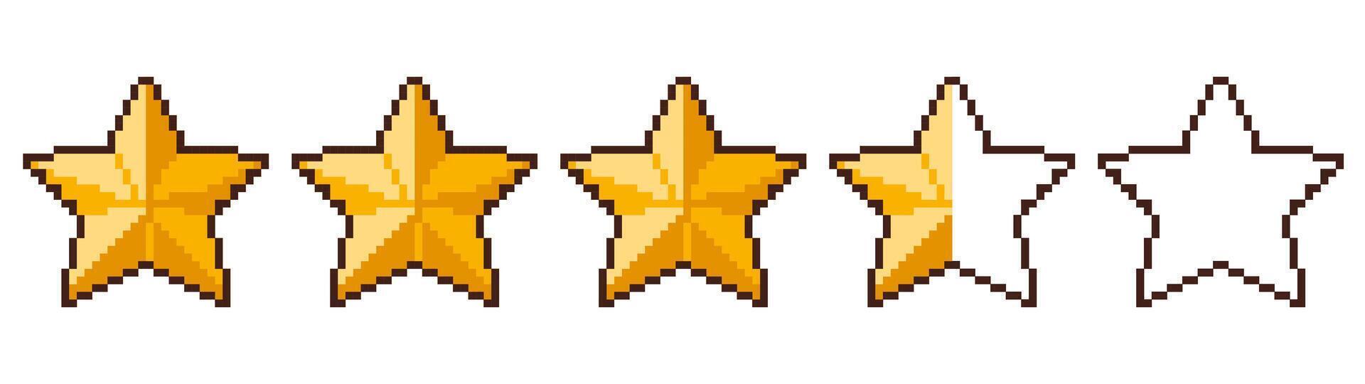 Pixel art rating stars. Five golden star feedback and customer review icons, retro 8 bit arcade game yellow elements. Pixelated score and level icons isolated set vector