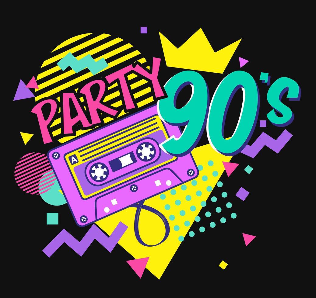 Colorful 90s logo illustration in pop art style. Party in the style of the 90s. Ninety years emblem numeral retro symbol on a black background vector
