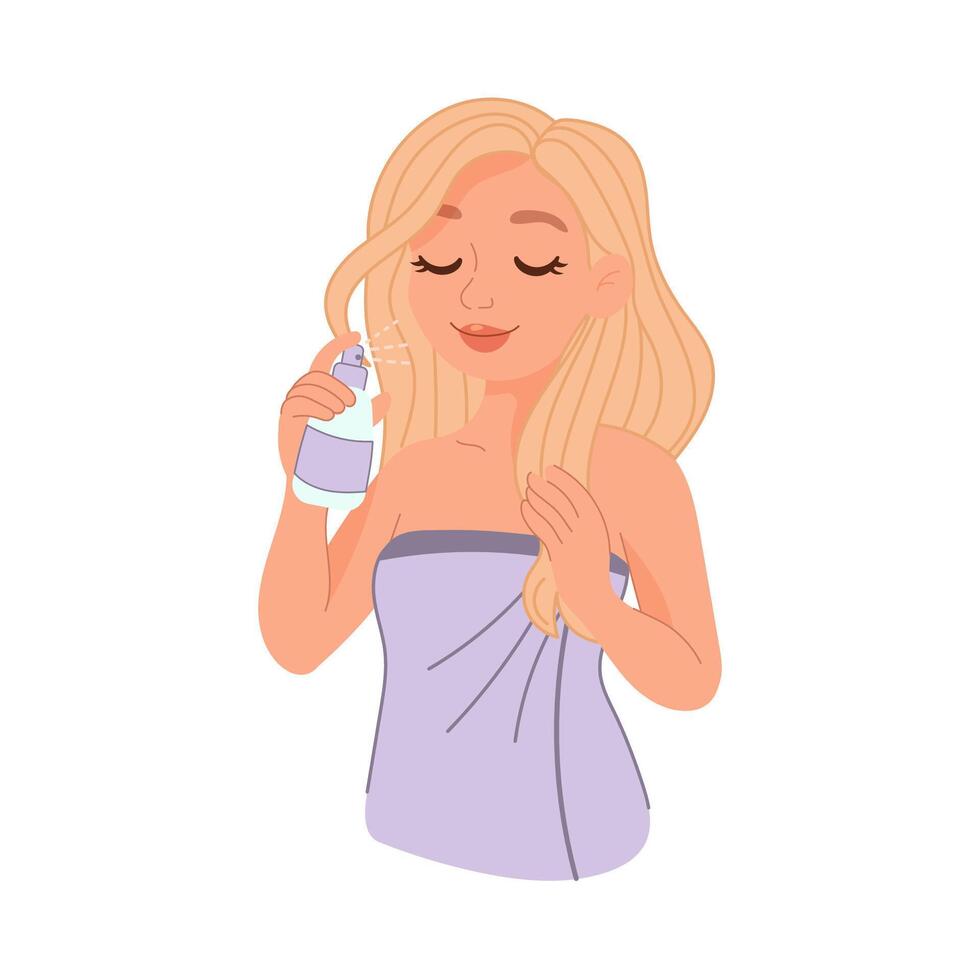 Blonde woman using hair mist in selfcare moment vector