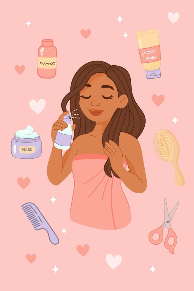 Black woman using hair mist with beauty tools around vector