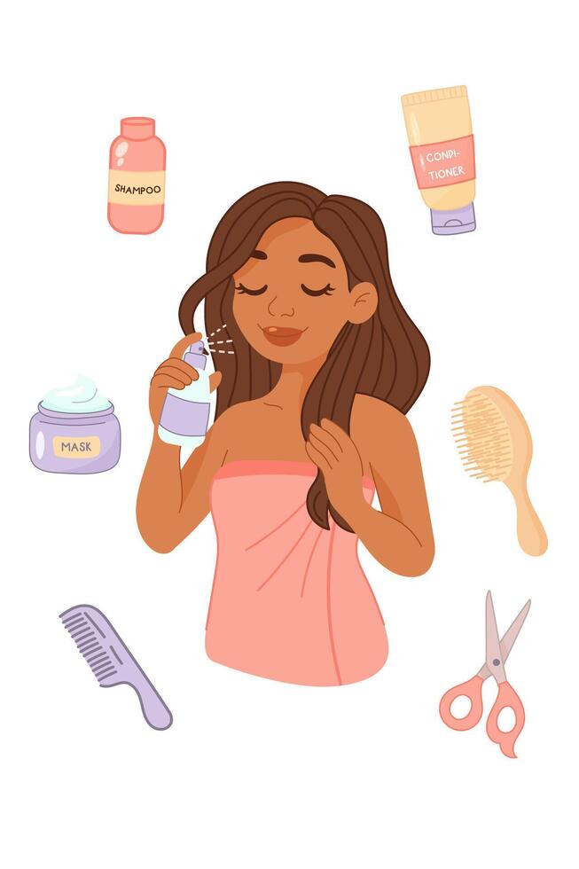 Black woman spraying hair mist with haircare items vector