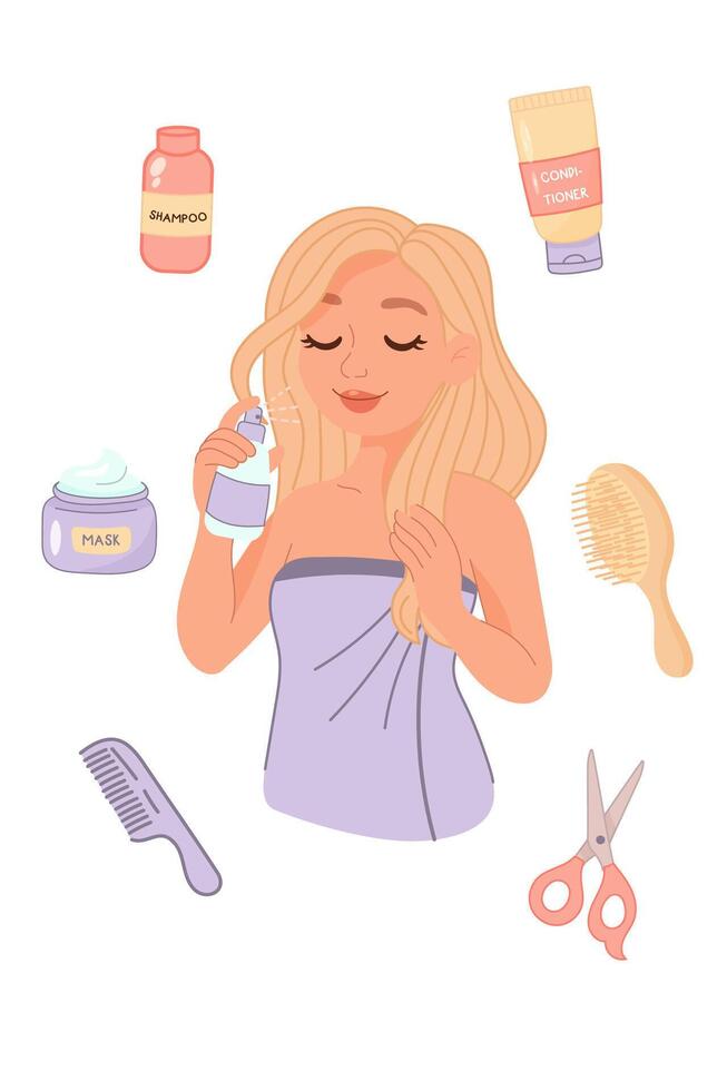 Blonde woman using hair spray with beauty icons vector
