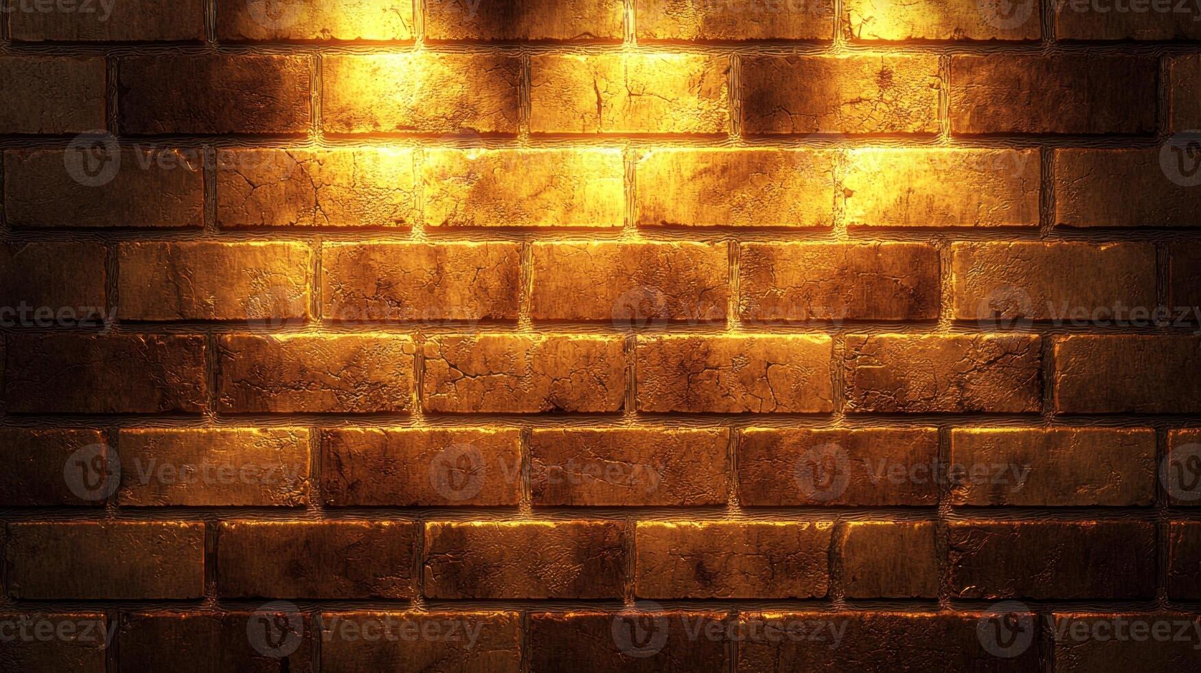 Warm light casts a golden glow on an old brick wall, highlighting its textures and imperfections. This setting offers a cozy ambiance suitable for various creative projects photo
