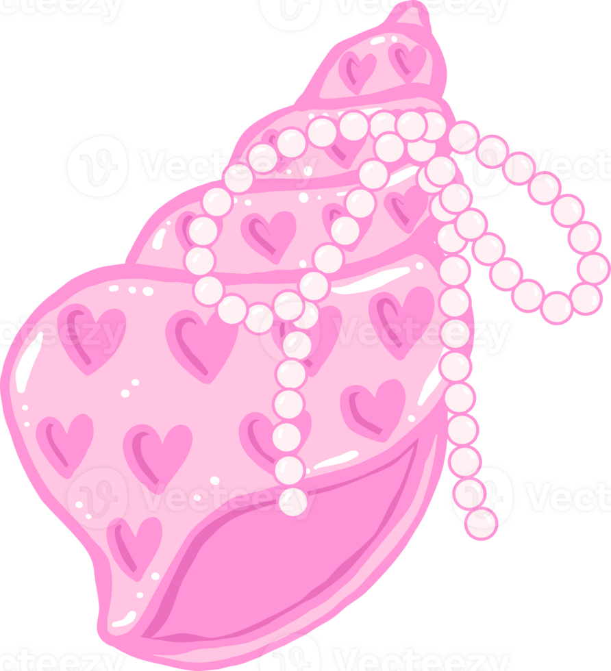 Coquette Pink Conch Heart Seashell with Pearl Ribbon Bow Hand Drawn png