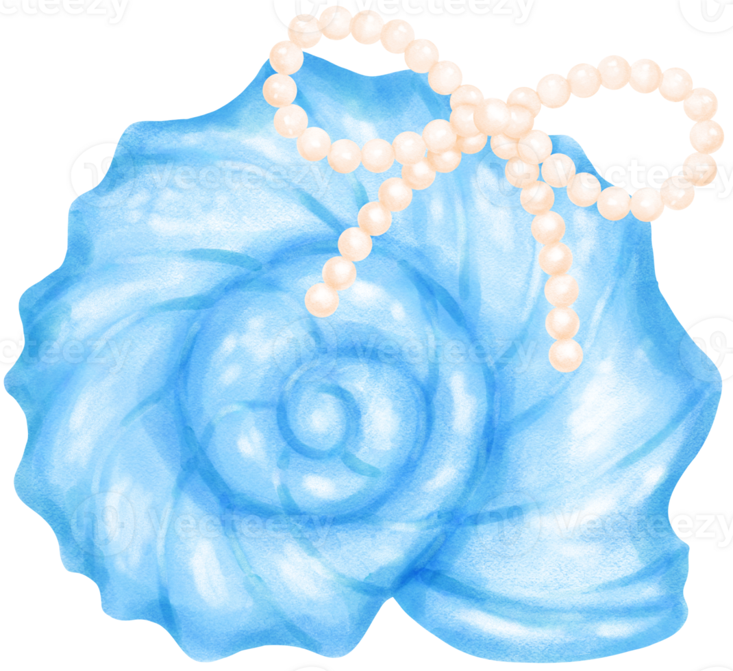 Blue Coquette Curl Conch Sea Shell with Pearl Bow watercolour png