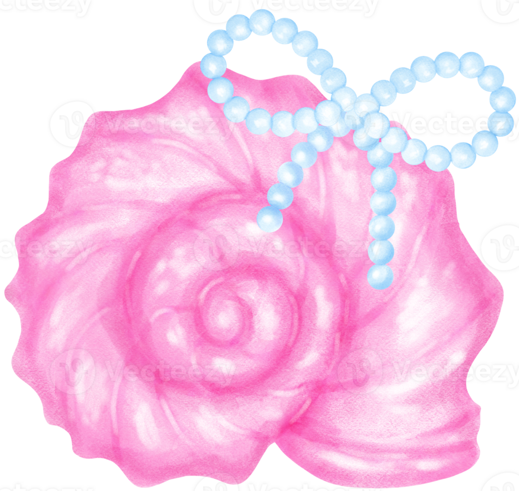 Pink Coquette Curl Conch Sea Shell with Blue Pearl Bow watercolour png