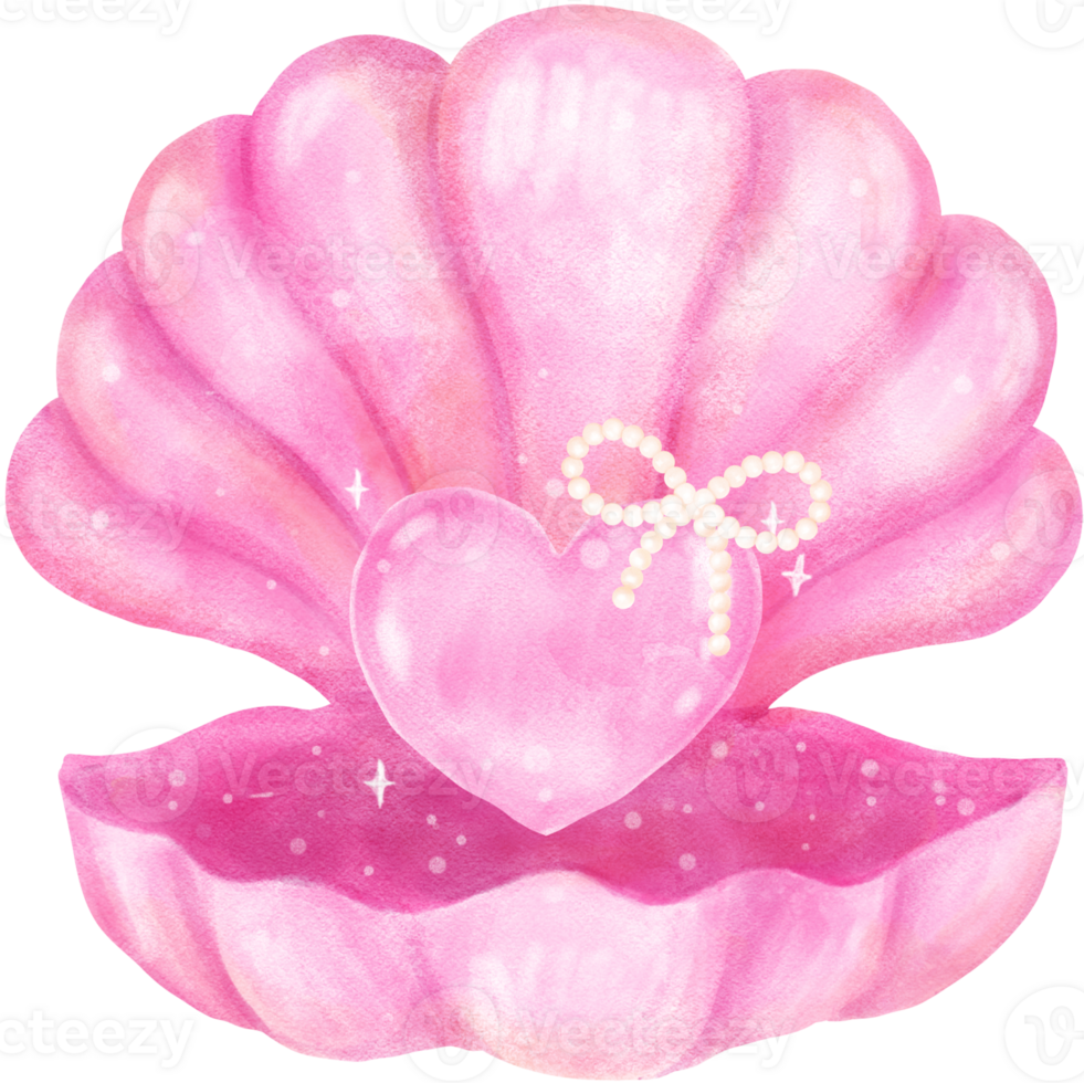 Pink Girly Open Clam Sea Shell with Pearl Bow watercolour png